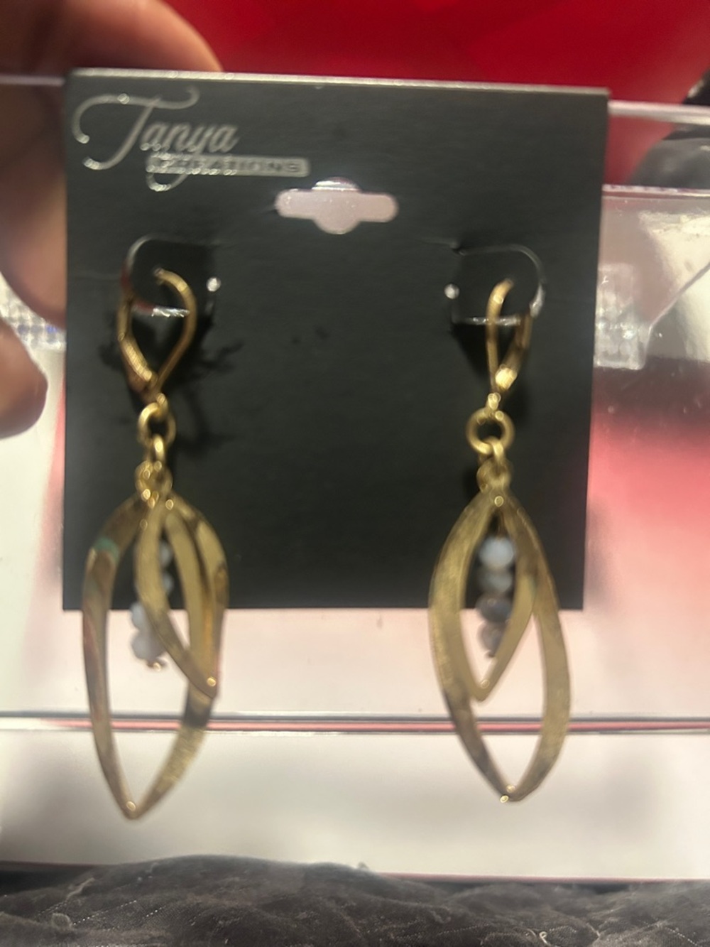 Gold Double Leaf Drop Earrings with Bead Accent